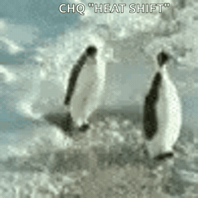 Two Penguins Are Walking In The Snow With The Words " Chq Heat Shift " Written Below Them GIF