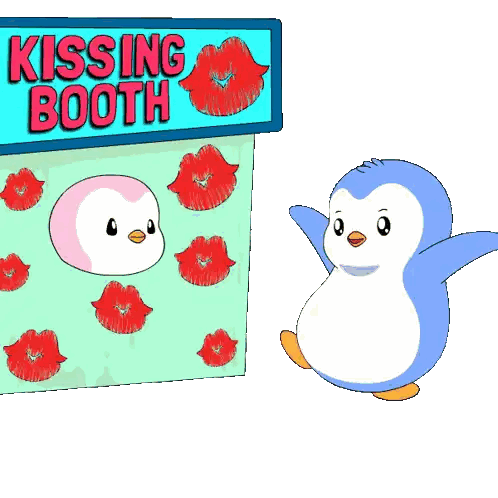 Two Penguins At Kissing Booth With Red Lips Sticker