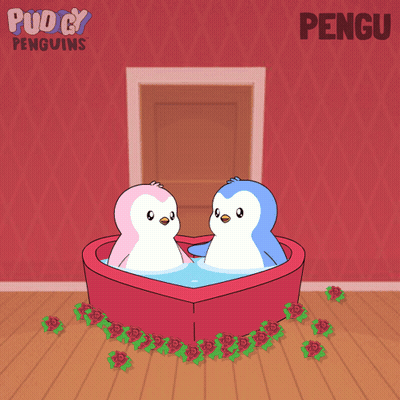 Two Penguins Bathing In Heart-Shaped Tub With Word Pengu GIF