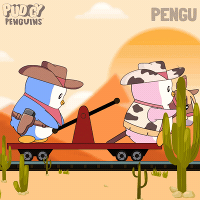 Two Penguins Dressed as Cowboys With Word Pengu