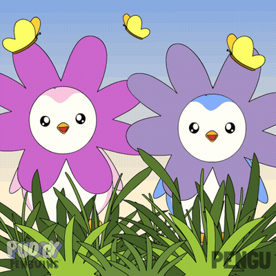Two Penguins Dressed As Flowers With Butterflies On Heads GIF