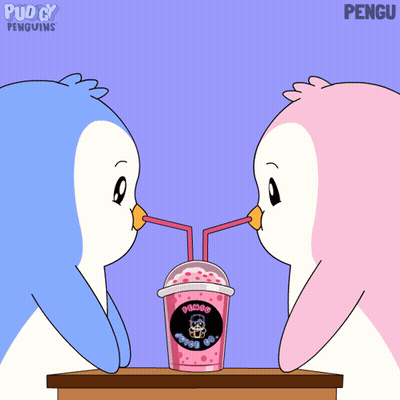 Two Penguins Drinking Cup Saying Puddy Penguins GIF