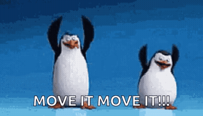 Two Penguins From Madagascar Are Dancing In The Air With The Words `` Move It Move It '' . GIF