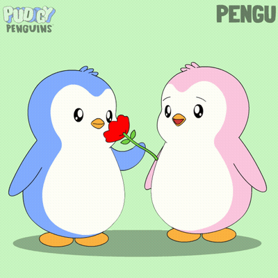 Two Penguins Giving Red Flower With Text Pengu GIF