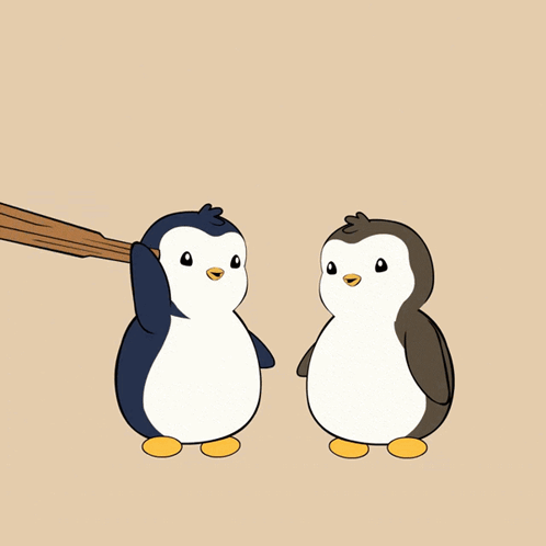 Two Penguins Holding A Wooden Bat With The Word Bonk Below Them GIF