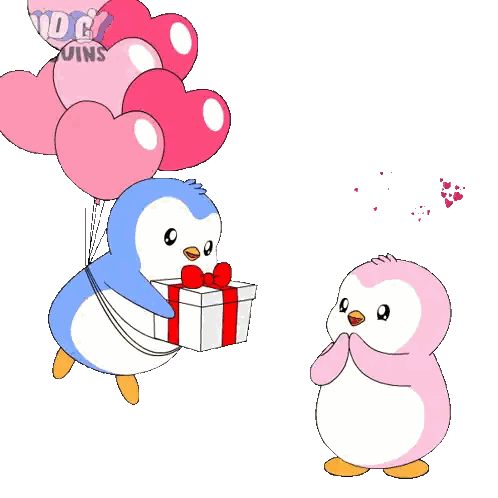 Two Penguins Holding Balloons And Gift Sticker