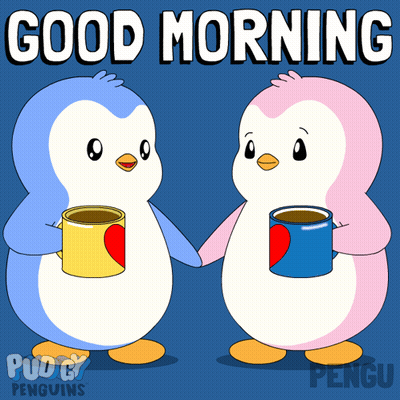 Two Penguins Holding Coffee Saying Good Morning GIF