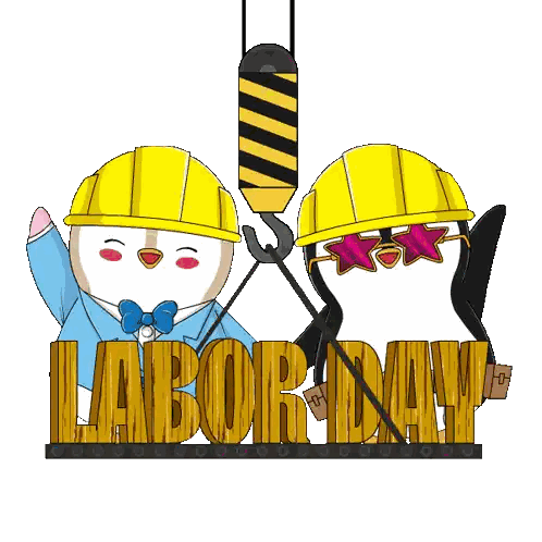 Two Penguins Holding Crane Labor Day Sticker