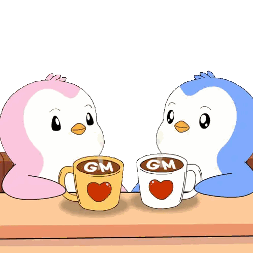 Two Penguins Holding Cups Sticker