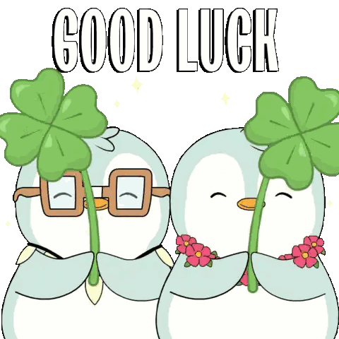 Two Penguins Holding Four Leaf Clovers And Flowers Good Luck Sticker