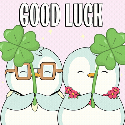 Two Penguins Holding Four Leaf Clovers Good Luck GIF
