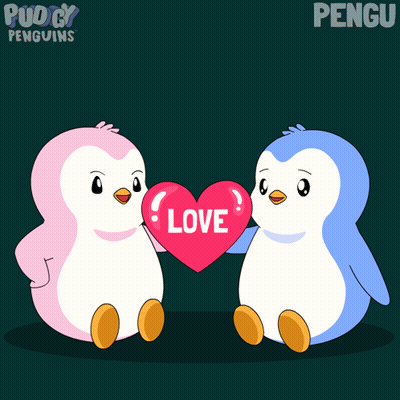 Two Penguins Holding Heart Saying Love GIF