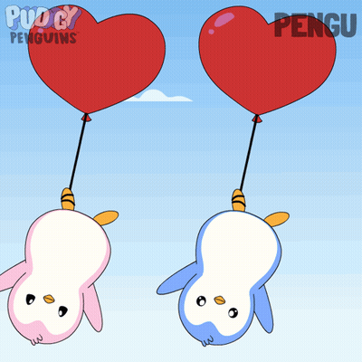 Two Penguins Holding Heart Shaped Balloons With The Word Pengu On The Bottom Right GIF