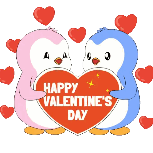 Two Penguins Holding Heart With Happy Valentine's Day Sticker