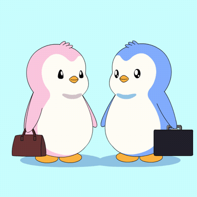 Two Penguins Holding Hearts With Word Pengu GIF