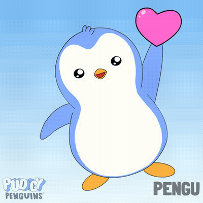 Two Penguins Holding Hearts With Word Pengu GIF