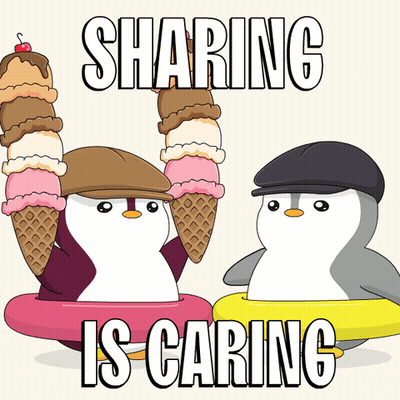 Two Penguins Holding Ice Cream Cones With The Words Sharing Is Caring Written Below Them GIF