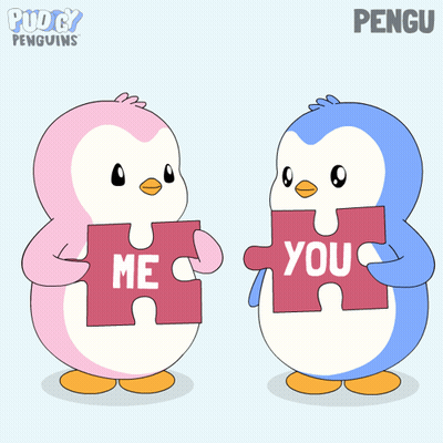 Two Penguins Holding Puzzle Pieces Saying Me And You GIF