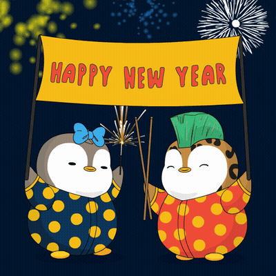 Two Penguins Holding Sparklers Under Happy New Year Banner GIF