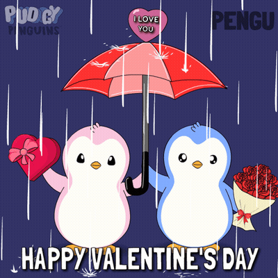 Two Penguins Holding Umbrella With Heart Saying I Love You GIF