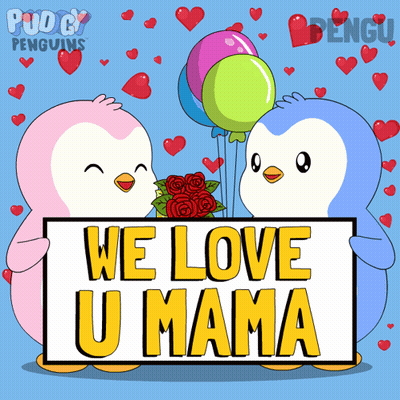 Two Penguins Holding Up A Sign That Says We Love U Mama GIF