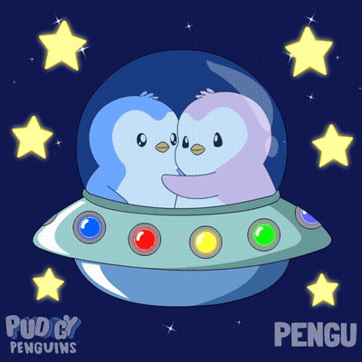 Two Penguins Hugging In Flying Saucer Named Pengu GIF