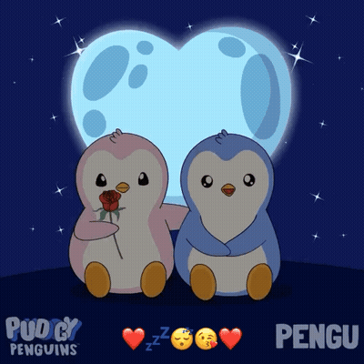 Two Penguins Hugging In Front Of Heart Moon With Word Pengu GIF