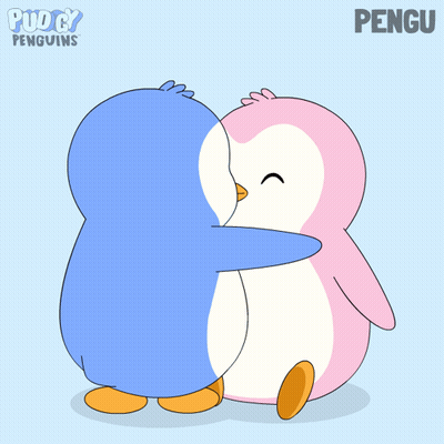 Two Penguins Hugging Puddy Penguins
