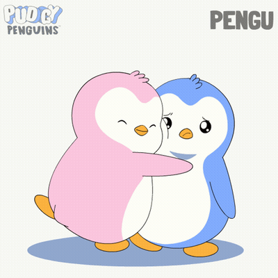Two Penguins Hugging With Hearts And Word Pengu GIF