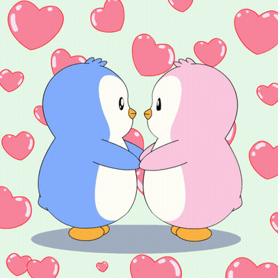 Two Penguins Hugging With Hearts GIF