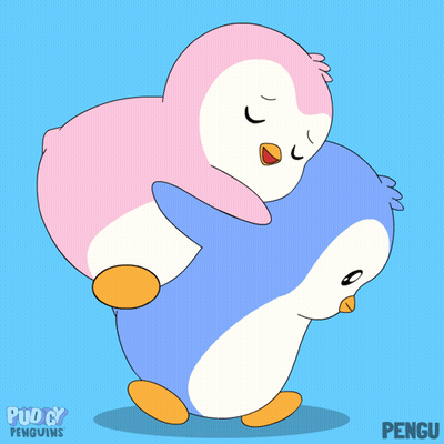 Two Penguins Hugging With Puddy Penguins GIF