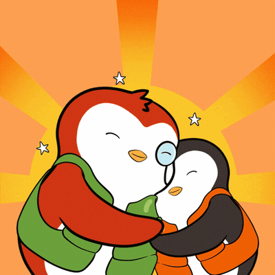 Two Penguins Hugging With Sun Behind GIF