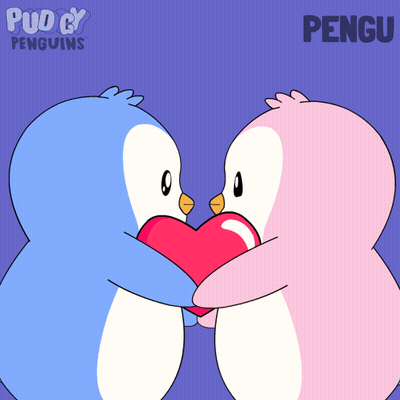 Two Penguins Hugging With Word Pengu GIF