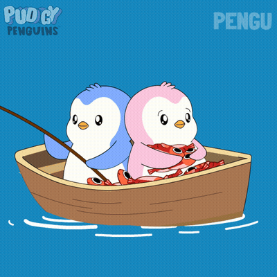 Two Penguins In A Boat Saying Pudgy Penguins GIF