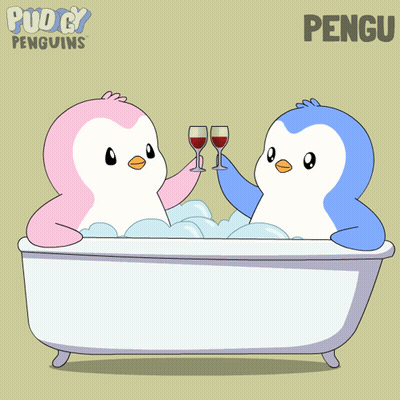 Two Penguins In Bathtub Toasting With Wine Glasses Pengu GIF