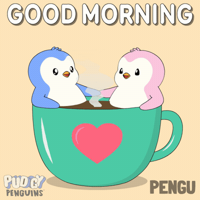Two Penguins in Coffee Cup Good Morning