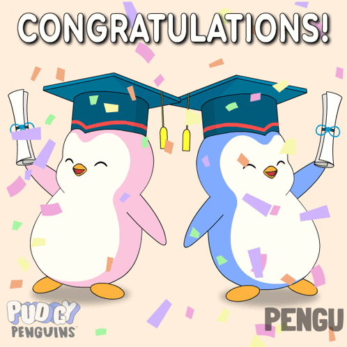 Two Penguins In Graduation Caps With Diplomas GIF