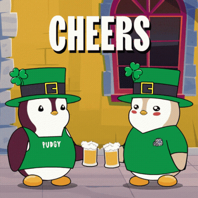 Two Penguins In Green Hats And Shirts Cheers GIF