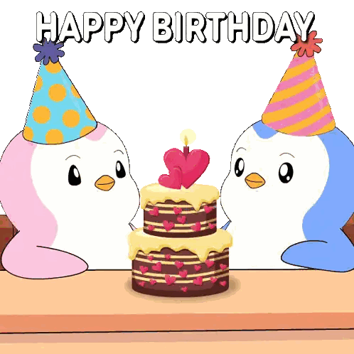 Two Penguins In Party Hats Looking At Cake Sticker