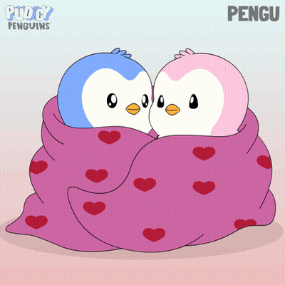 Two Penguins In Pink Blanket With Hearts And Pengu GIF