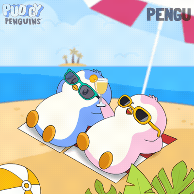 Two Penguins in Sunglasses on Beach with Penguin Text
