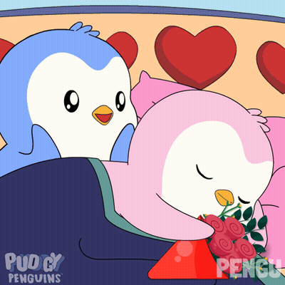 Two Penguins Laying On Bed Saying Pudgy Penguins GIF