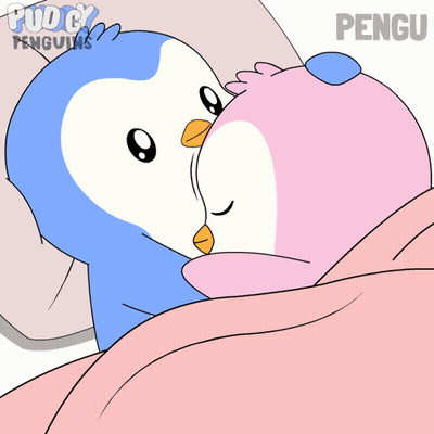 Two Penguins Laying On Bed With Name Pengu GIF