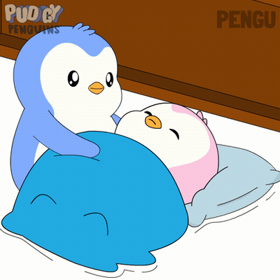 Two Penguins Laying On Bed With Pengu GIF