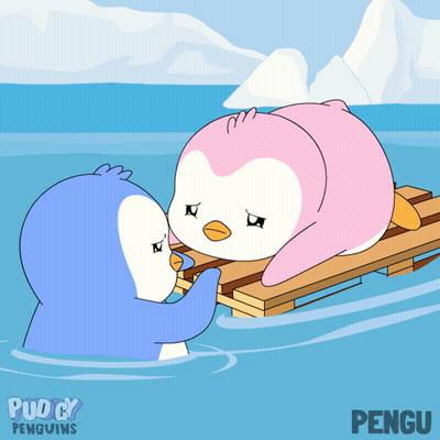 Two Penguins Laying On Wooden Raft Named Pengu GIF