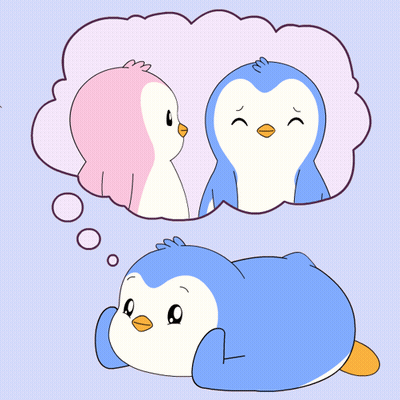 Two Penguins Looking At Each Other With Pink Thought Bubble GIF