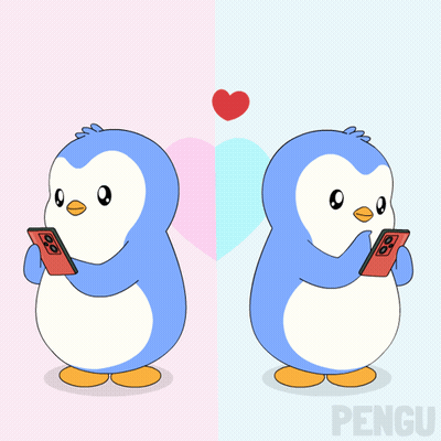 Two Penguins Looking At Phones With Word Pengu GIF