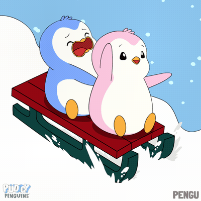 Two Penguins On A Sled With Word Pengu GIF