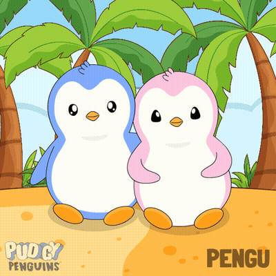 Two Penguins On Beach With Pudgy Penguins GIF