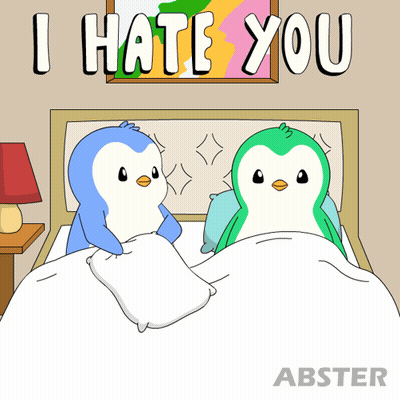 Two Penguins On Bed Saying I Hate You GIF